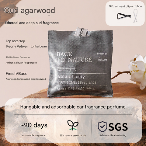 Back to Nature car fragrance package with product details and SGS certification on a wooden surface.