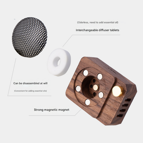Wooden diffuser with metal mesh, white component, and strong magnetic magnet on a light gray background.