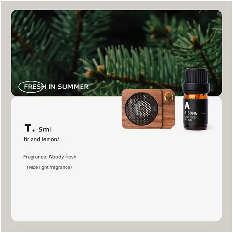 Wooden diffuser and bottle with green foliage in the background