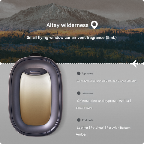 Car air vent fragrance with mountain landscape and product details