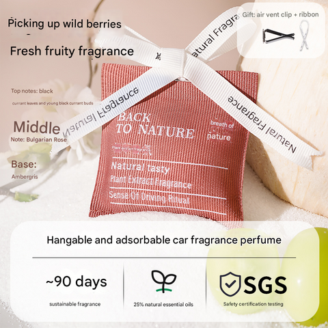 Car fragrance pouch with branding and product details on a light background