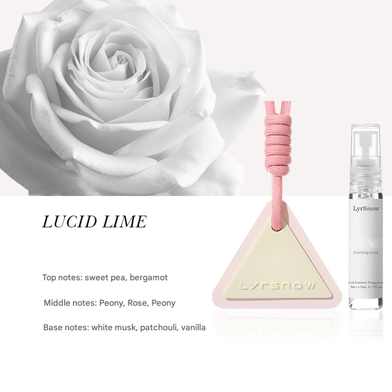Triangle-shaped perfume bottle with pink string, white rose, and product details on a white background