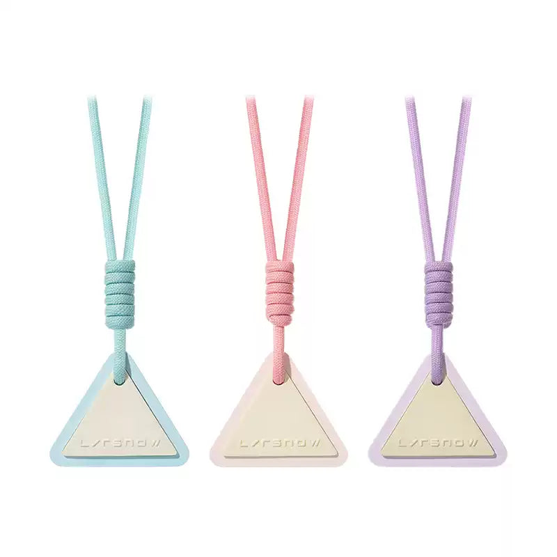 Three triangular pendants with colorful strings on a white background