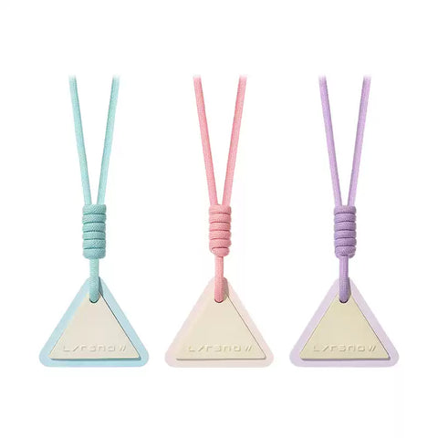Three triangular pendants with colorful strings on a white background