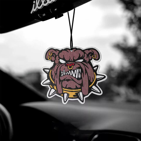 Car air freshener with a bulldog design hanging from a car's rearview mirror.