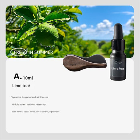 Lime tea product with bottle, wooden paddle, and lime tree in the background