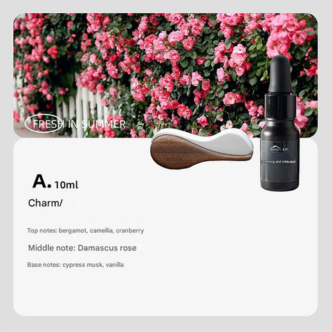 Black perfume bottle with wooden applicator against a floral background