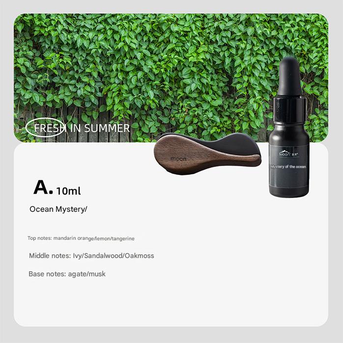Black bottle with dropper and wooden paddle against a green leafy background