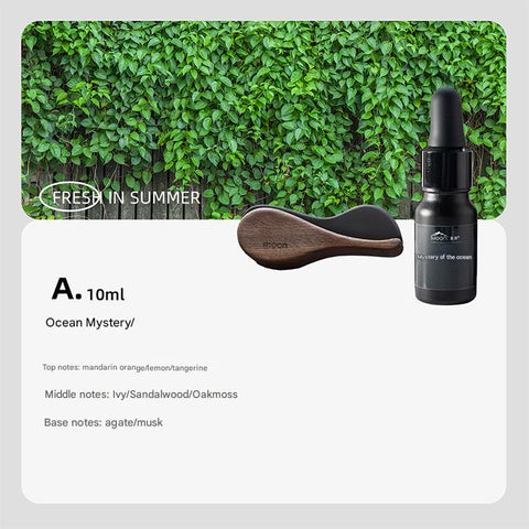 Black bottle with dropper and wooden paddle against a green leafy background