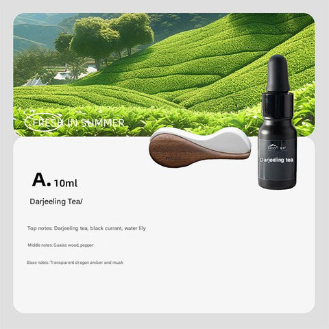 Darjeeling tea product with a scenic background of tea fields.