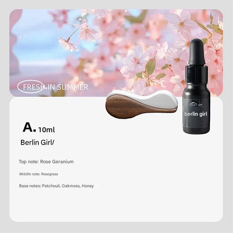 Product display with a dropper bottle labeled 'berlin girl' against a cherry blossom background.