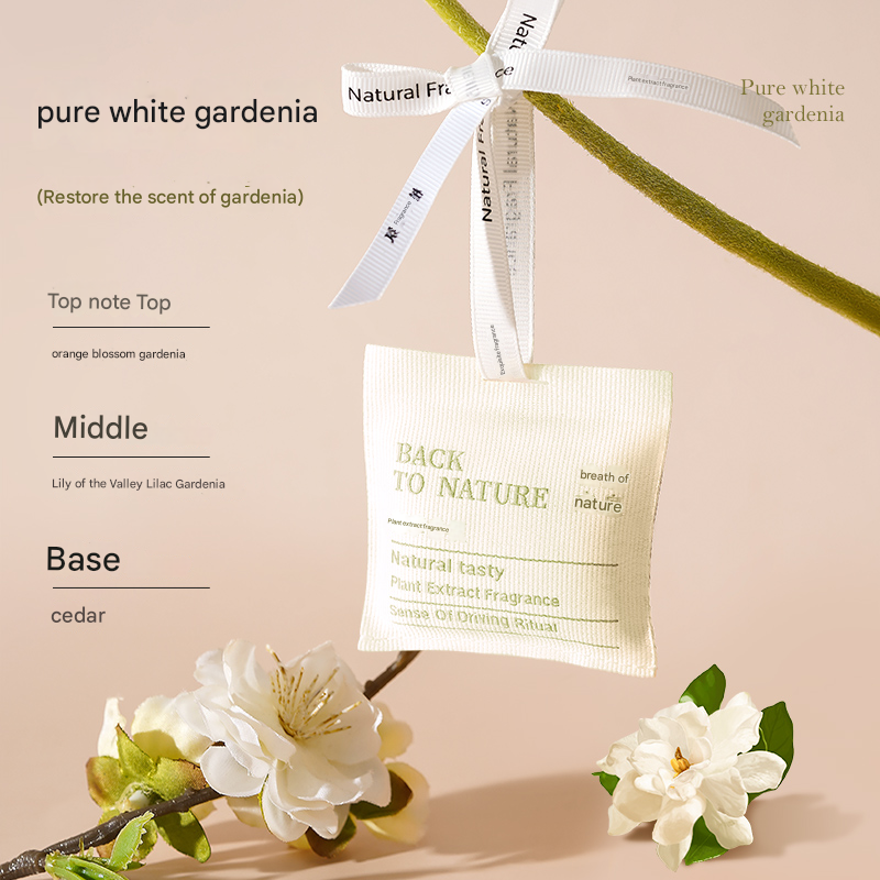 Fragrance pouch labeled 'Back to Nature' with gardenia flowers on a beige background