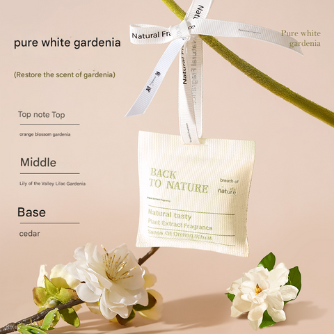 Fragrance pouch labeled 'Back to Nature' with gardenia flowers on a beige background