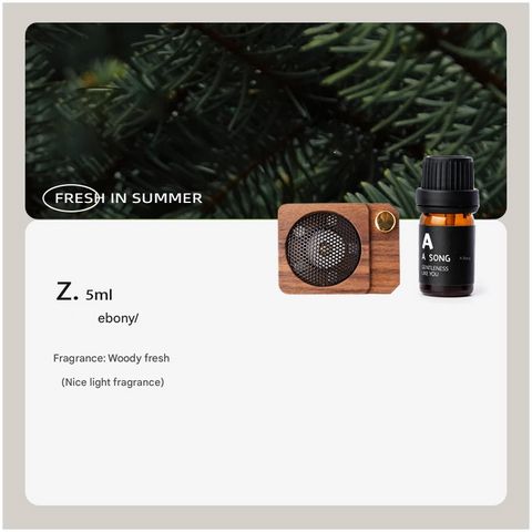 Wooden diffuser and bottle with 'Fresh in Summer' text and green foliage background