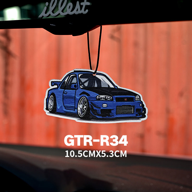 Car air freshener with a blue GTR-R34 design hanging from a car's rearview mirror.