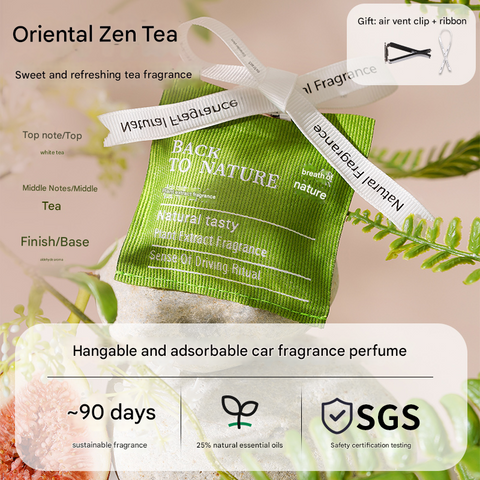Green tea packaging with 'Back to Nature' branding, featuring a ribbon and text about tea fragrance.