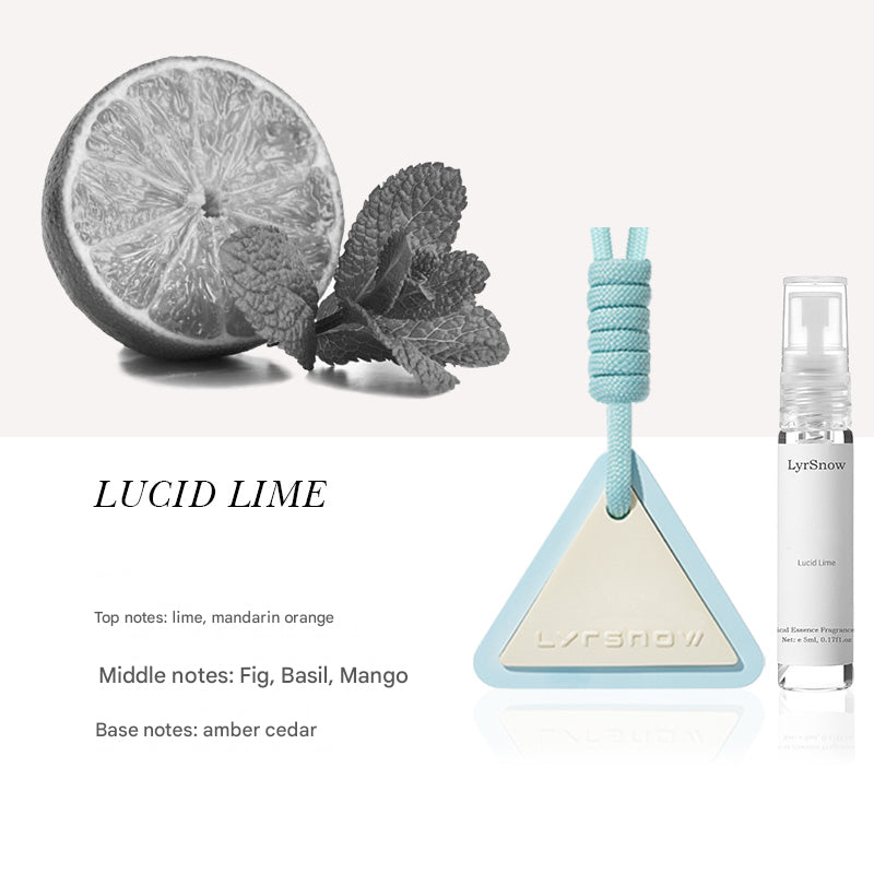 Lyrisnow Lucid Lime perfume with lime and basil elements on a white background