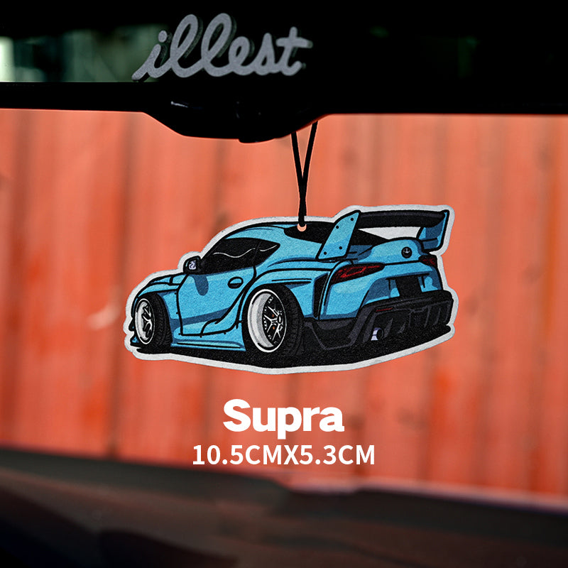 Car air freshener with a blue Supra illustration on an orange background