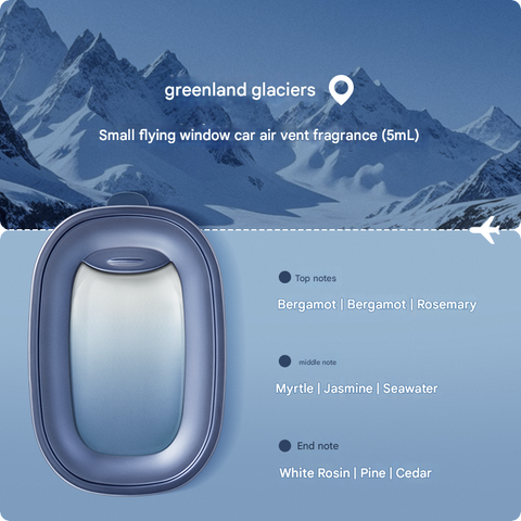 Car air vent fragrance with mountain landscape and product details on a blue background