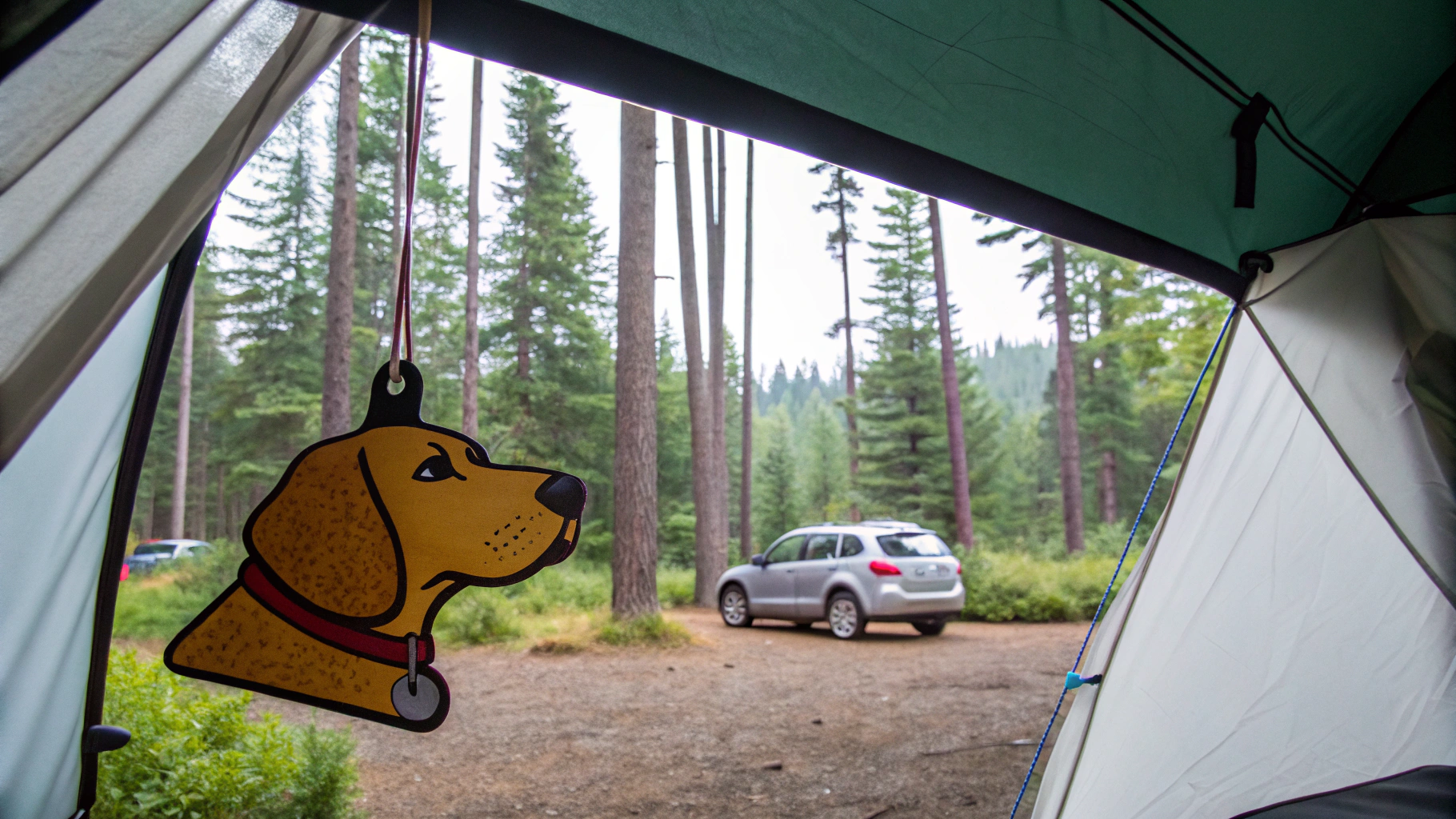 Camping air freshener with a dog-shaped ornament inside a tent, looking out at a forest and parked cars.