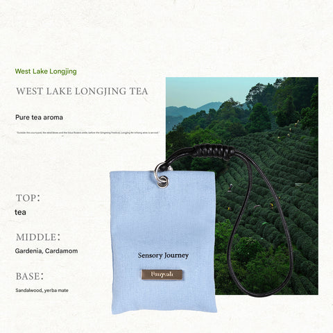 Tea packaging with a scenic background of tea fields and mountains.