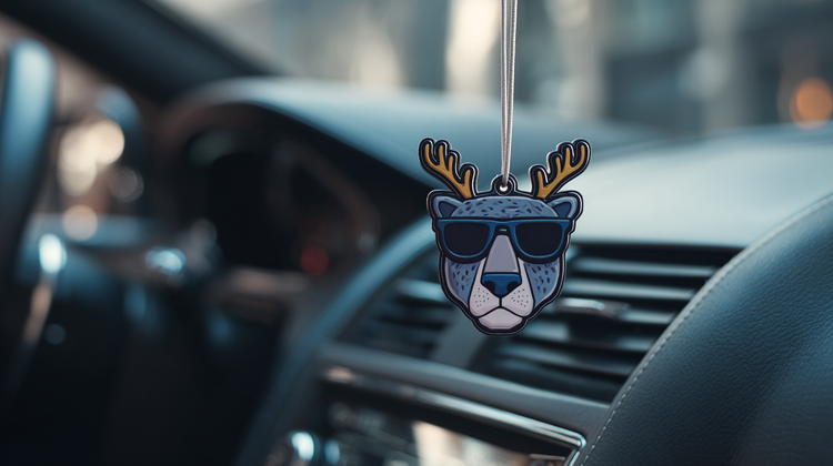 Car air freshener shaped like a bear with sunglasses and antlers hanging from a car's vent.