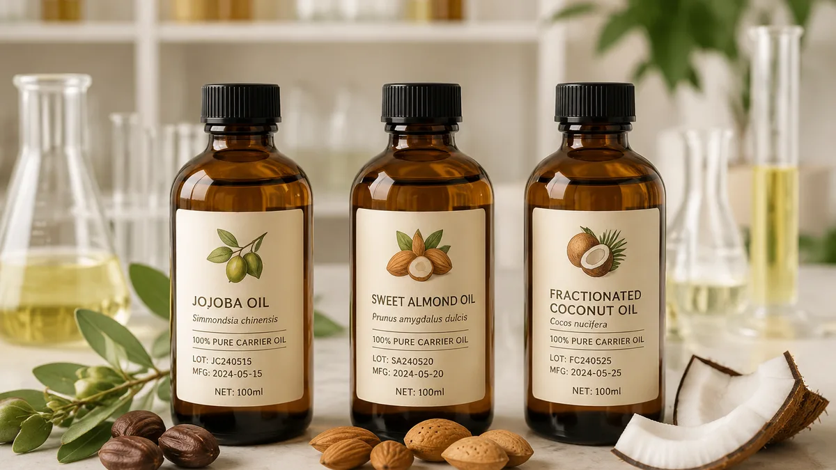 Row of amber glass bottles containing jojoba oil sweet almond oil and fractionated coconut oil with product labels and lot numbers visible