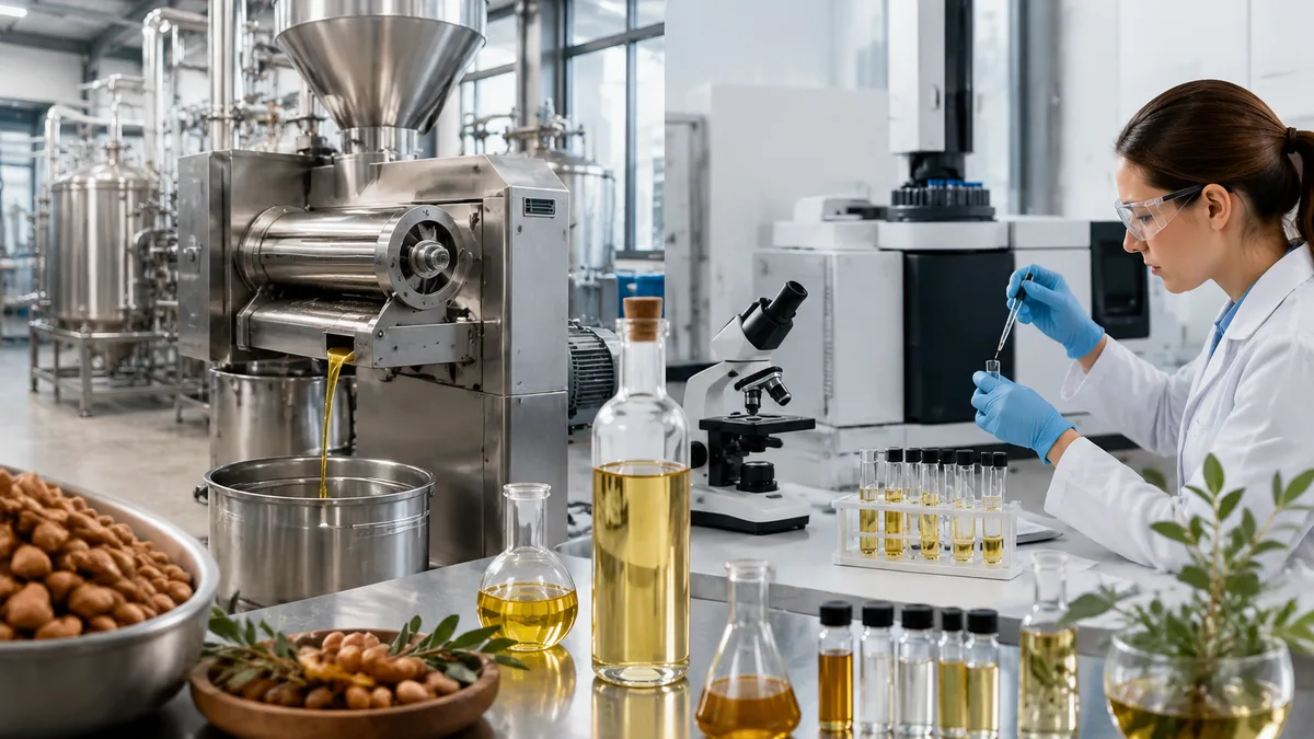 Vertical integration facility showing stainless steel cold press extraction equipment and quality control laboratory