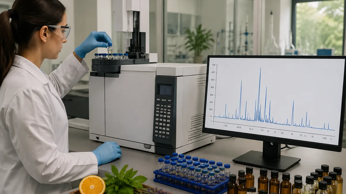 Laboratory technician operating a gas chromatography system with visible sample vials and computer screen displaying a detailed chemical peak chromato
