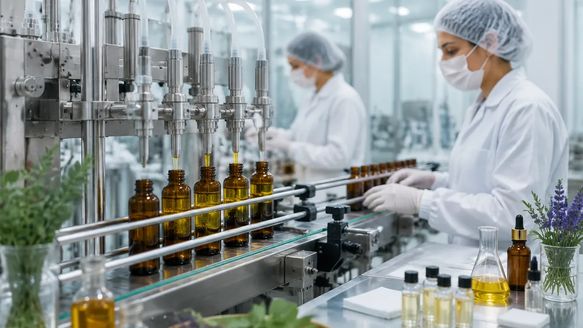 Production line filling personal care product bottles with natural essential oil formulations under clean room conditions