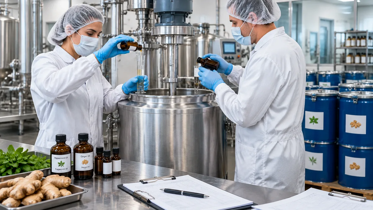 Technicians in clean production clothing measuring peppermint and ginger oils into a stainless-steel blending tank, with batch records and labeled sea