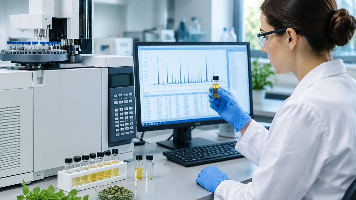 Laboratory technician analyzing oregano oil sample using gas chromatography equipment with computer monitor displaying chemical composition peaks and 